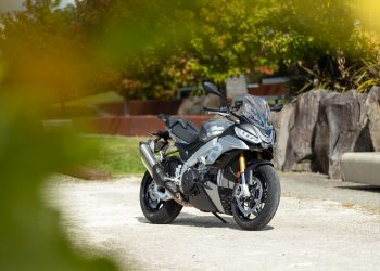 Aprilia Tuono V4 1100 parked on white shell