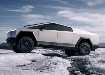 Tesla Cybertruck driving over snow