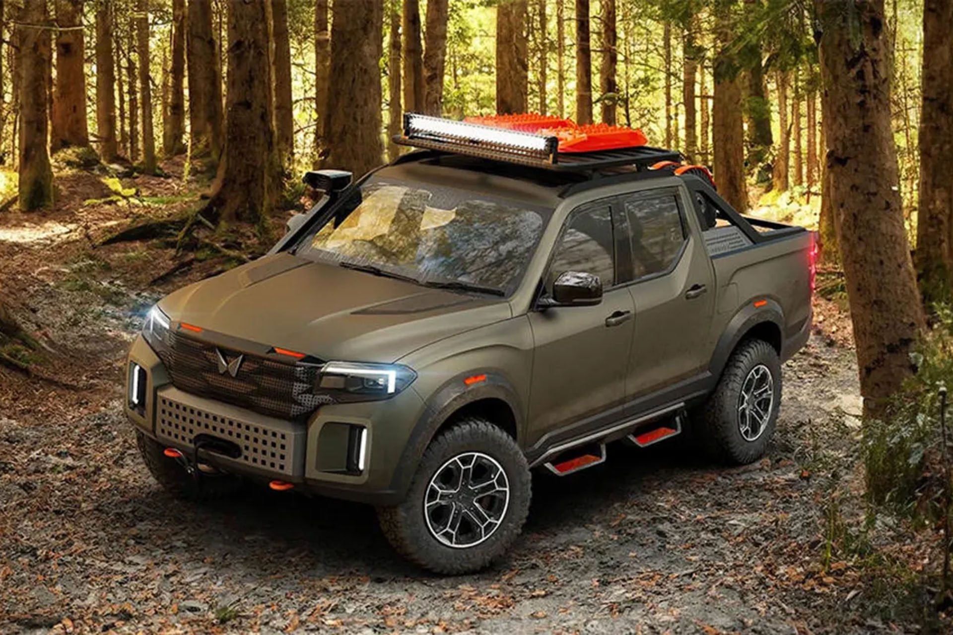 Mahindra Pik Up in green in a forest