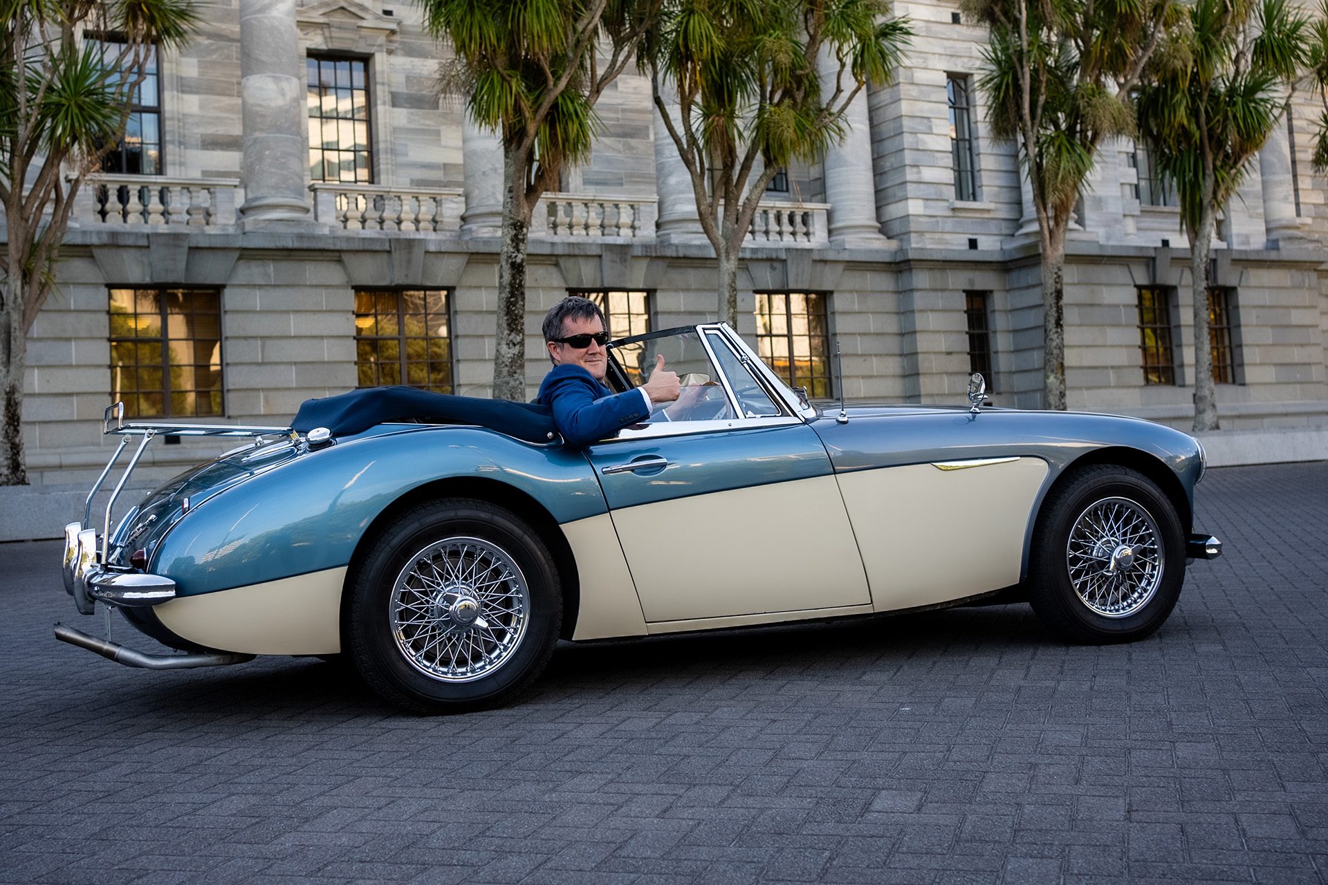 Chris Bishop in an immaculate 1964 Austin Healy Mk III