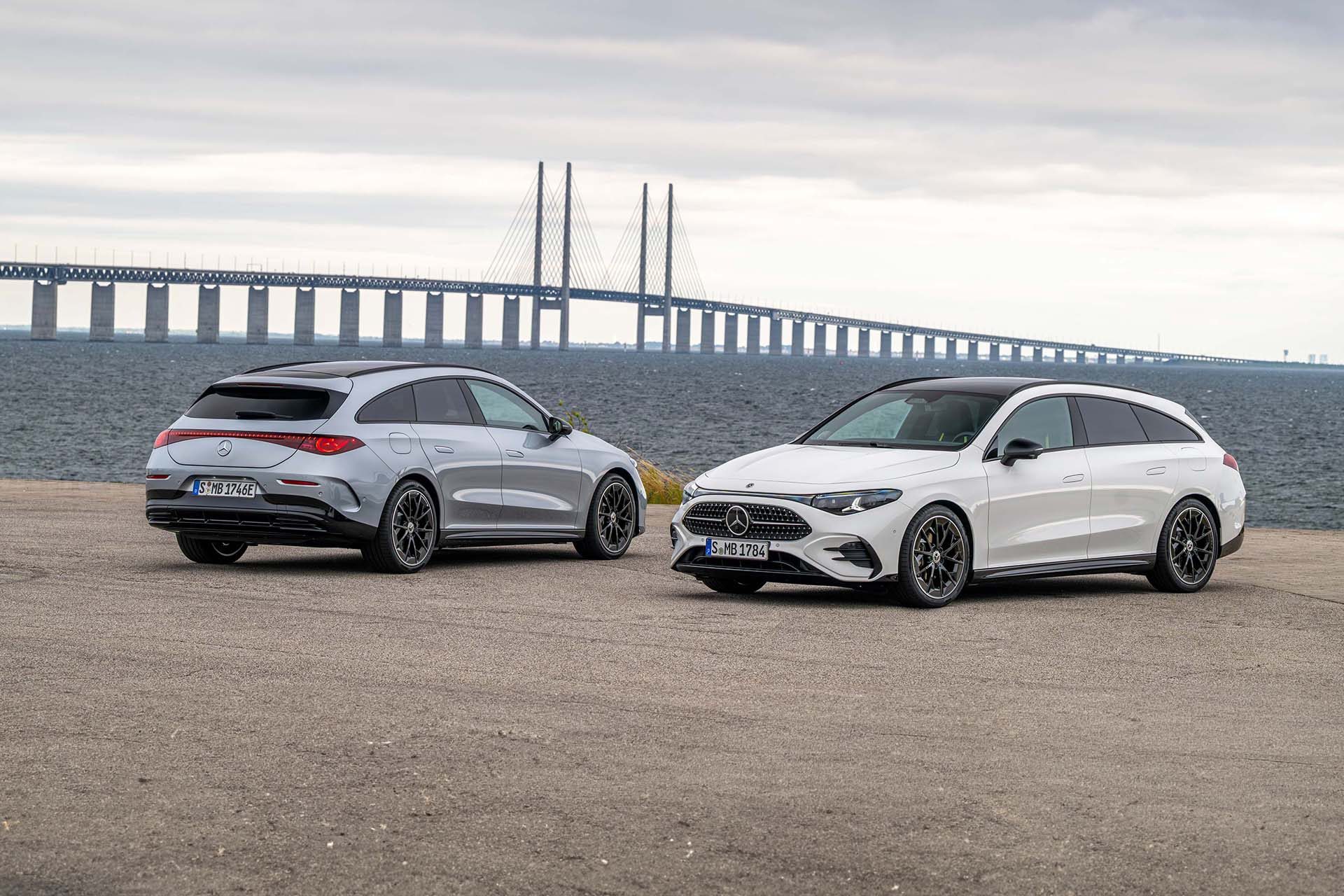 Mercedes-Benz CLA Shooting Brake together in front of a bridge