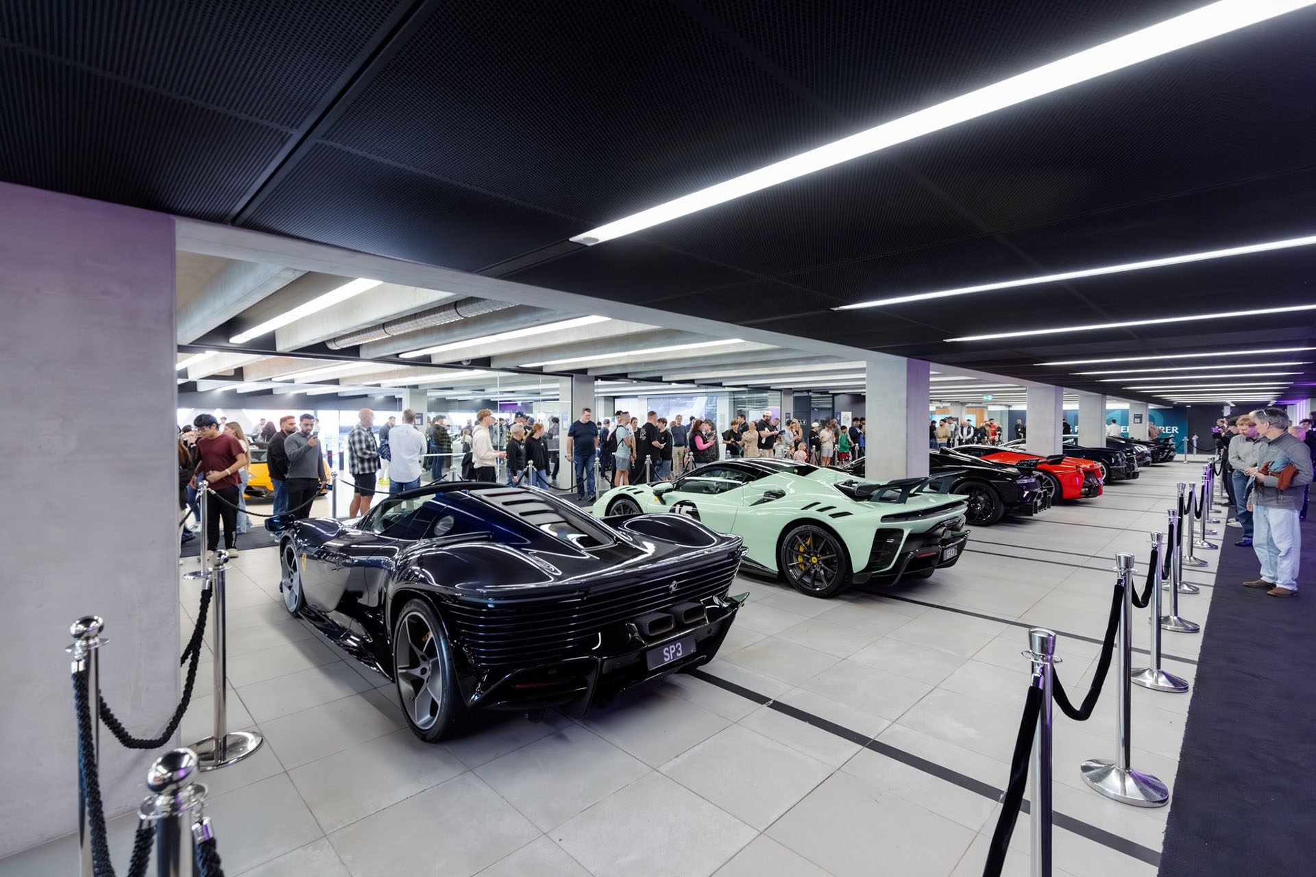 line up of supercars under light