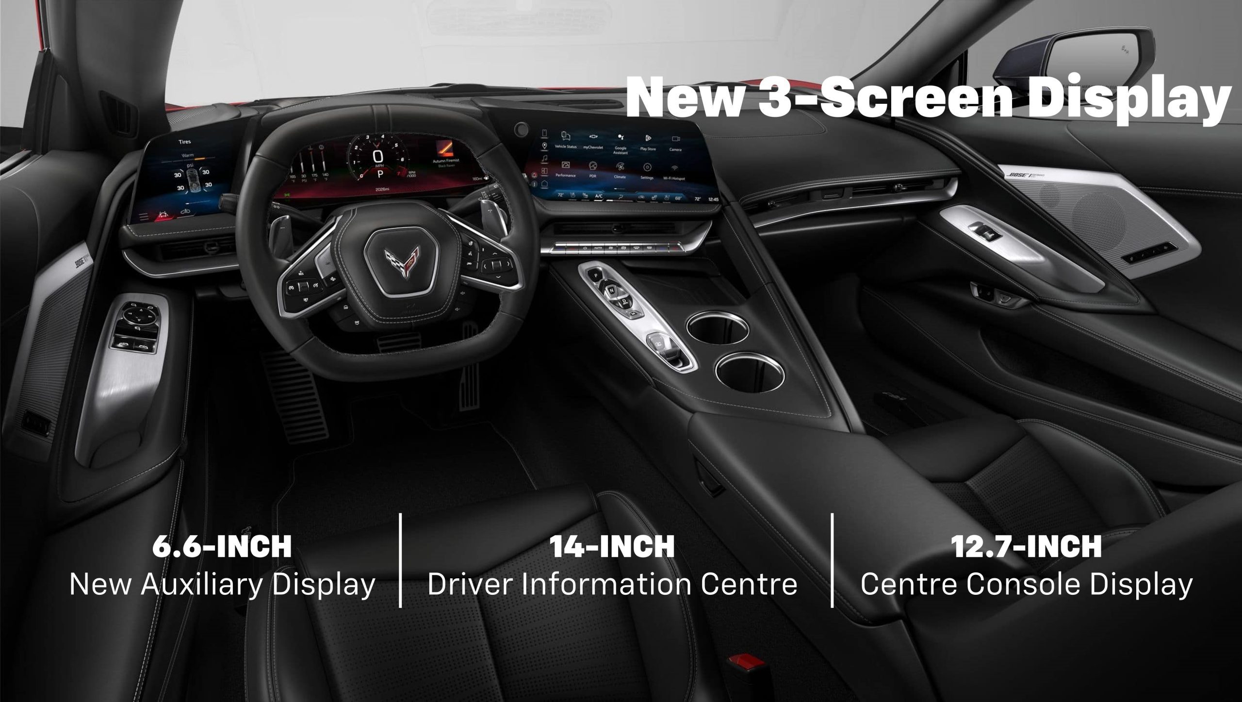 Corvette interior with three screens